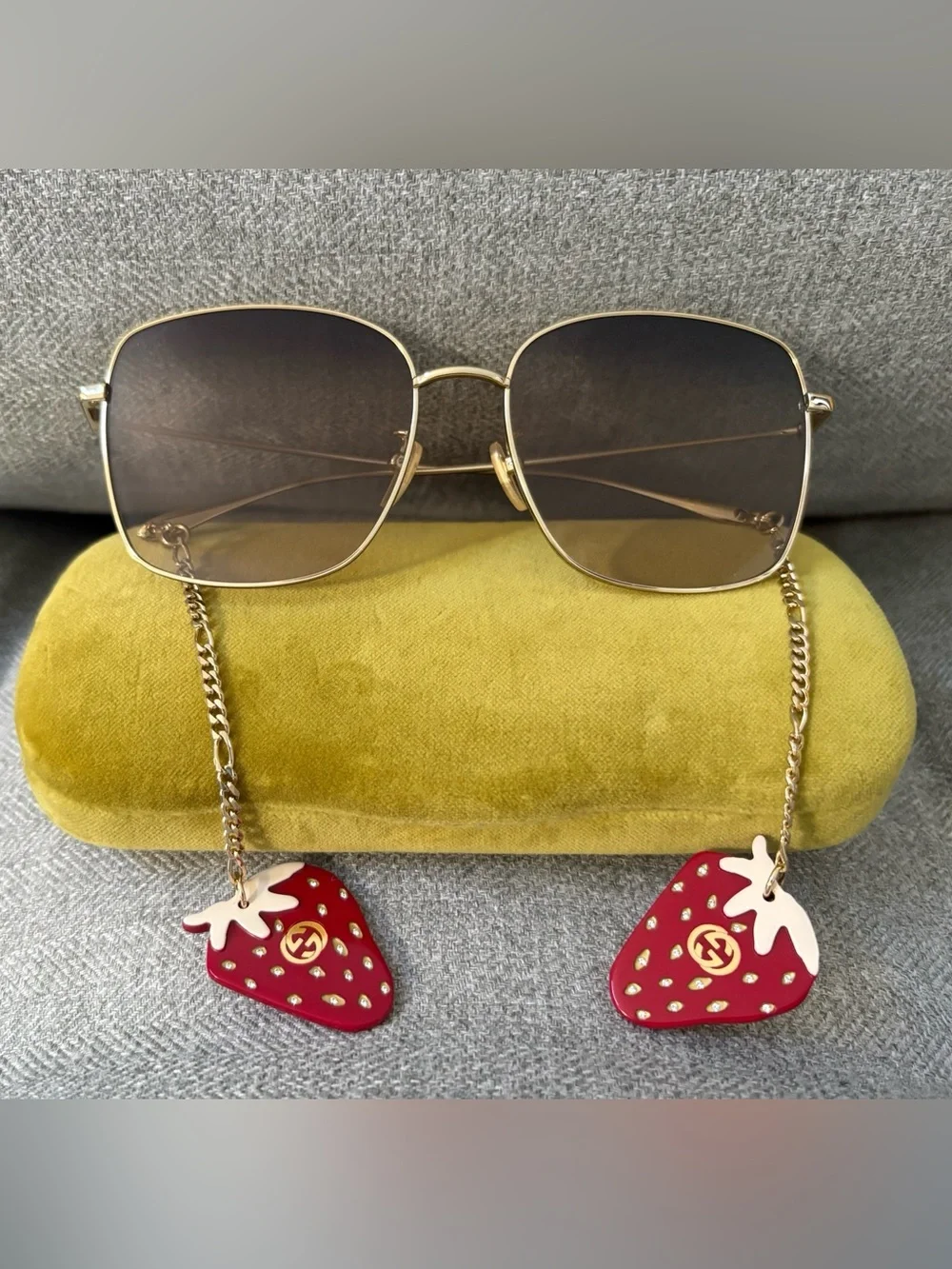 Gucci Oversized Square Gold Metal Sunglasses Strawberry Charms $625 GG1030SK